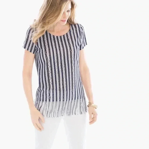 Chicos Striped Fringe Hem Bohemian Top Size Lg Boho Euro Summer Fun Blue White - Picture 1 of 14